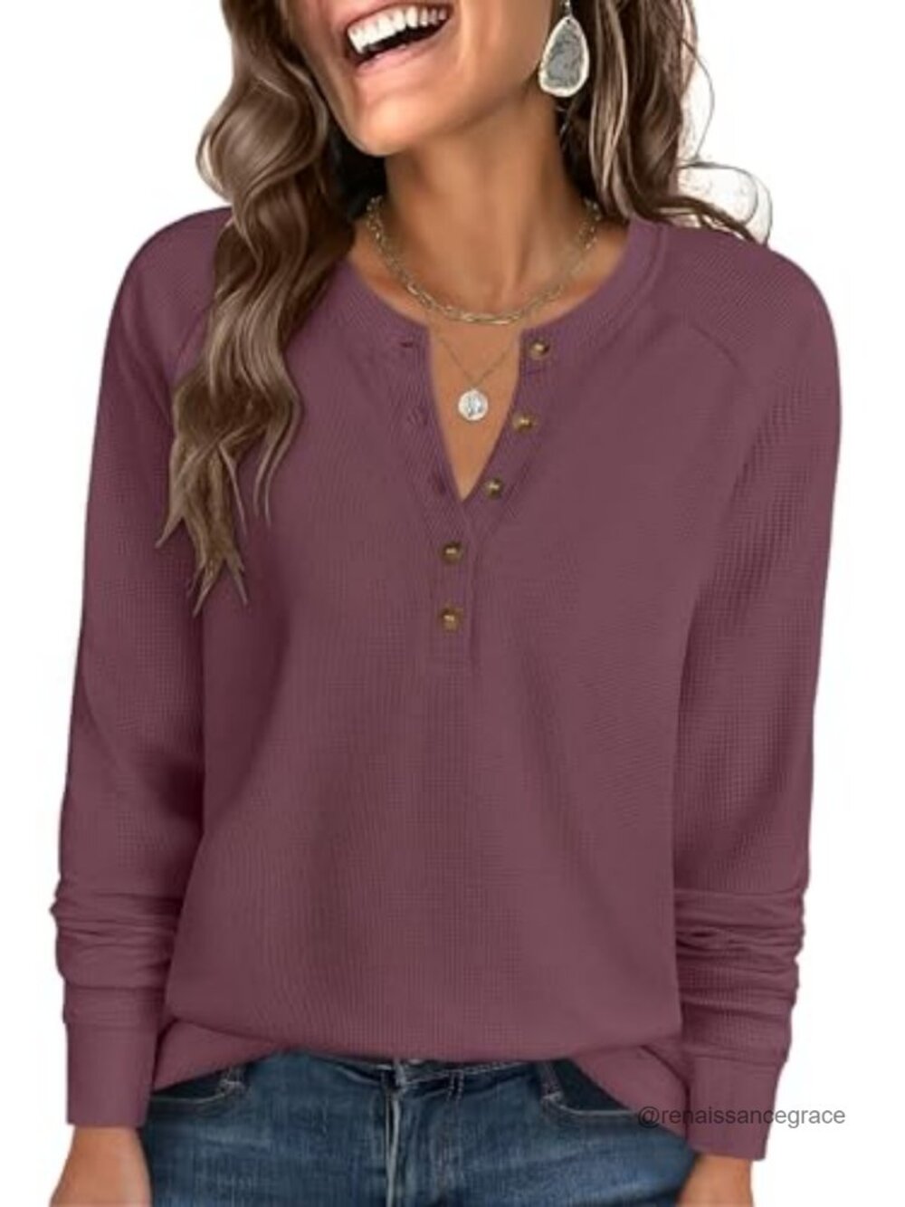 Women's Waffle Knit Henley Top Long Sleeve Button Up Loose Fit Casual Shirt